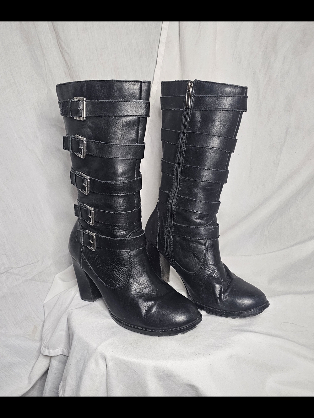 Harley-Davidson Black Leather Mid-Calf Buckle Heeled Boots